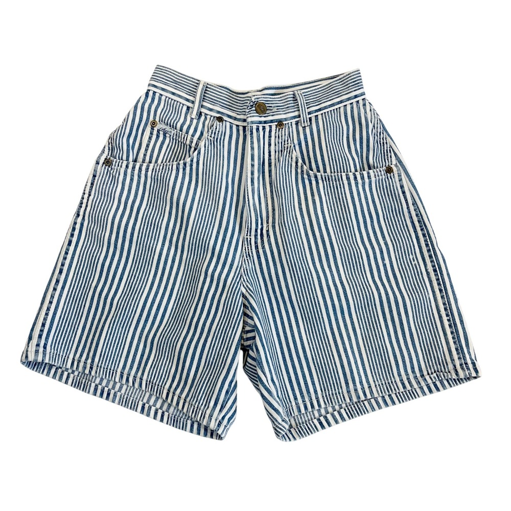 Vintage 80s Chic Striped Denim Short Blue White High Waisted USA Made - Size 0